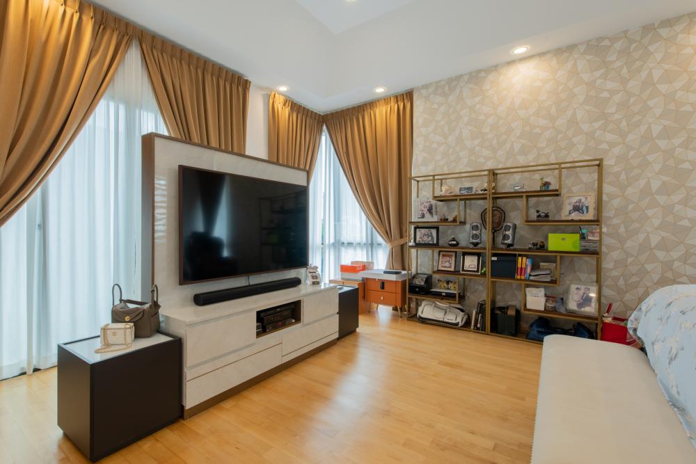 Modern Bedroom with Bookshelf and Parquet Floor