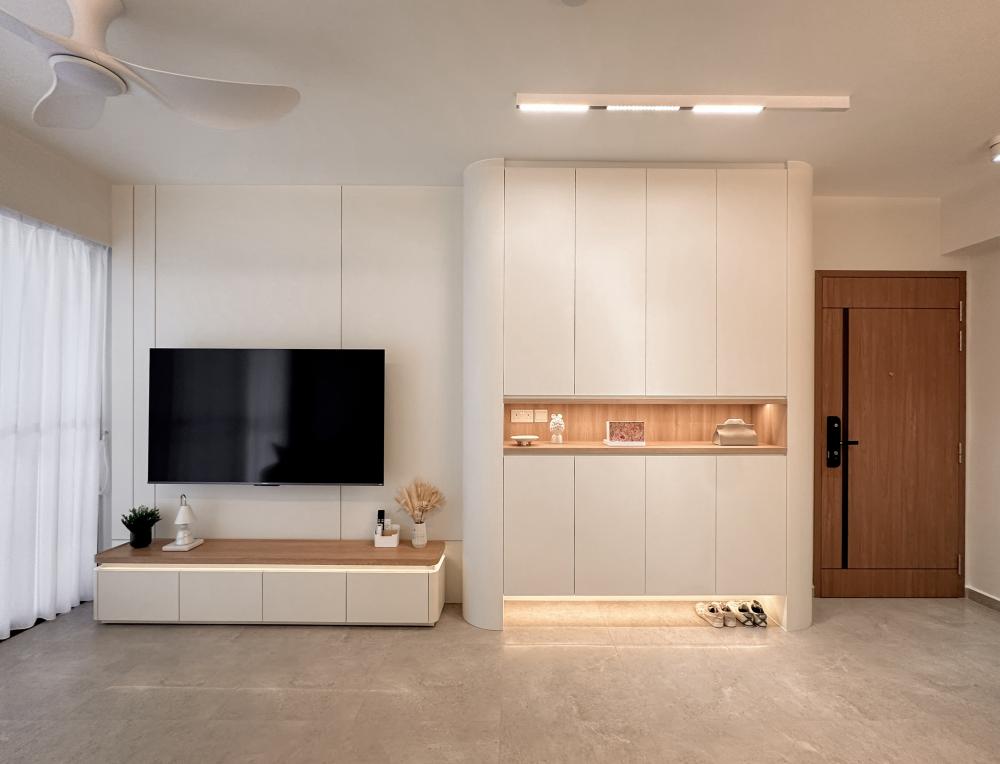Minimalist Living Room with Homogeneous Tiles and TV Console