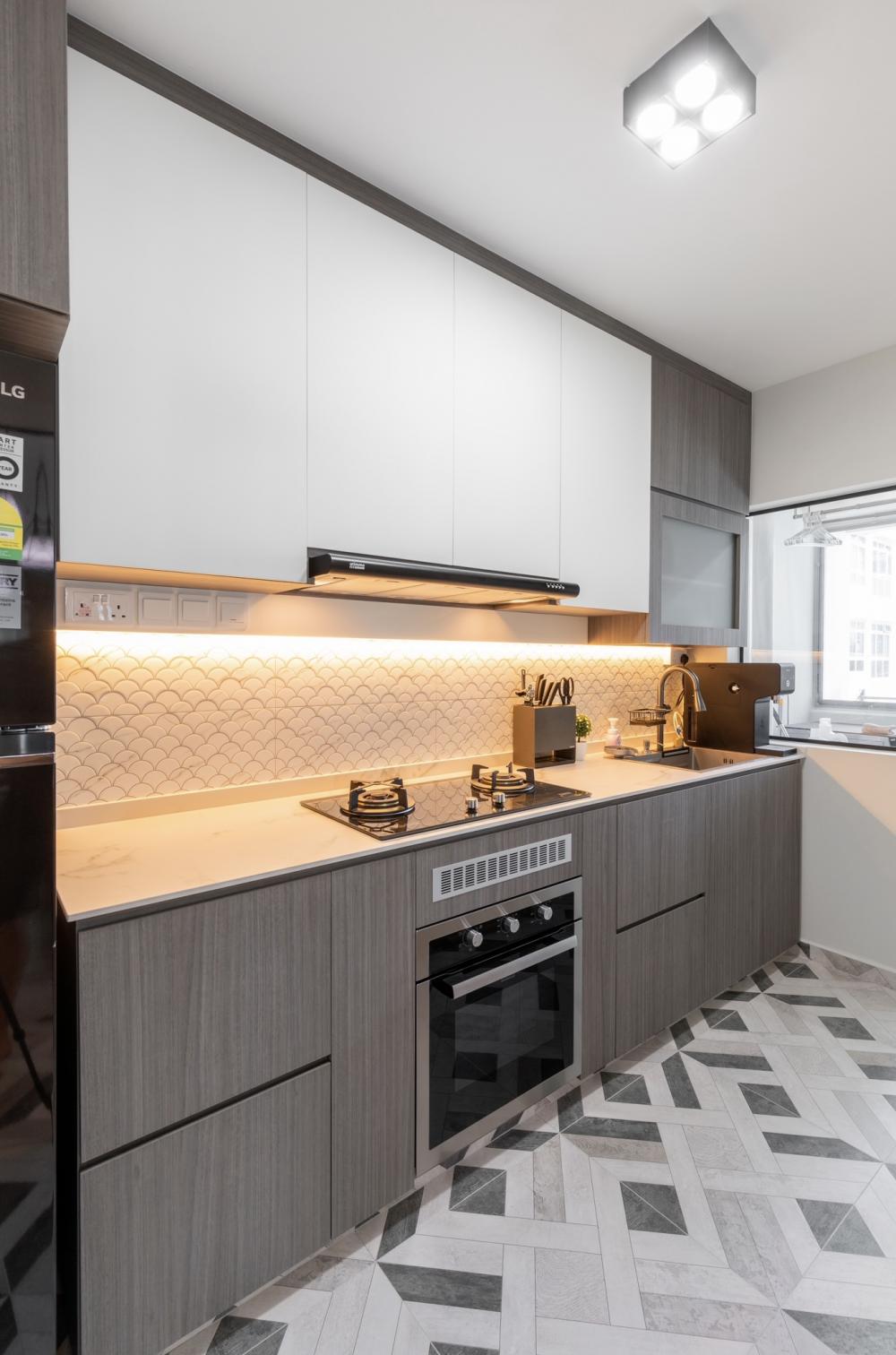 Modern Kitchen with Homogeneous Tiles and Cupboard