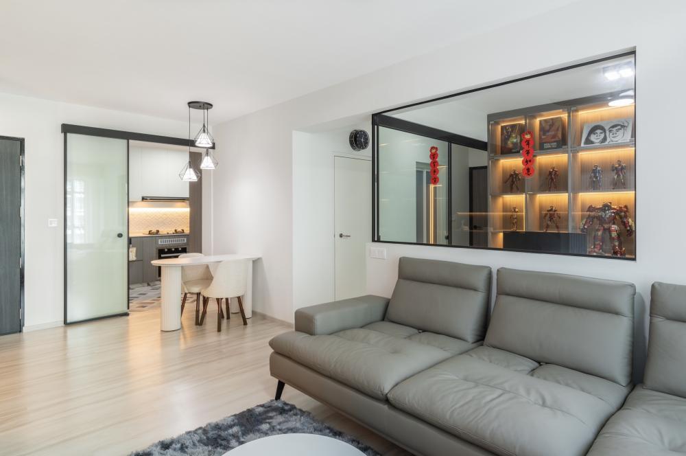 Modern Living Room with Bookshelf and Vinyl Flooring