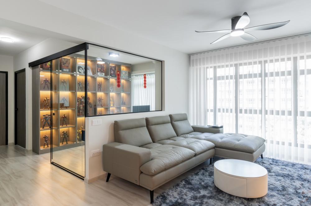 Modern Living Room with Bookshelf and Vinyl Flooring