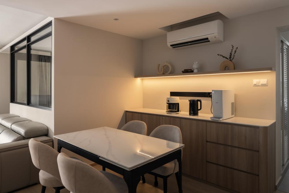 Minimalist Dining Room with Cove Lighting and Dining Table