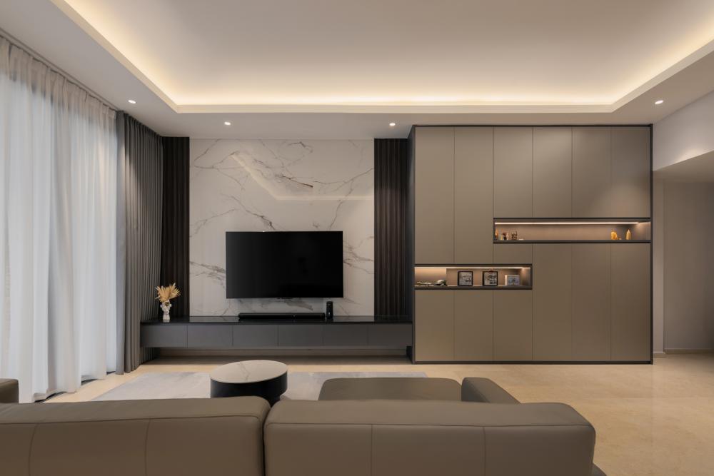 Modern Living Room with Bookshelf and Homogeneous Tiles