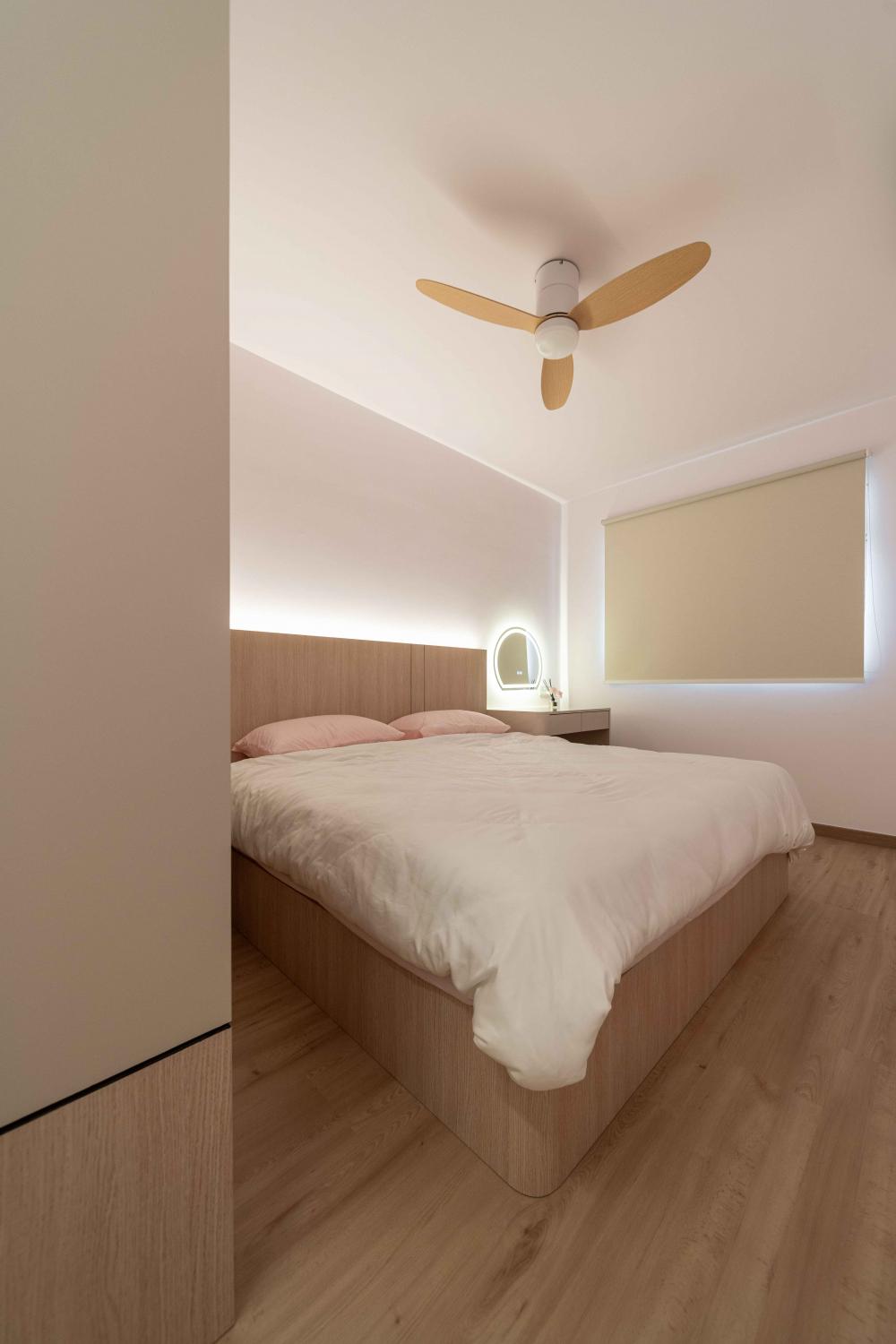 Minimalist Bedroom with Mirror and Ceiling Fan