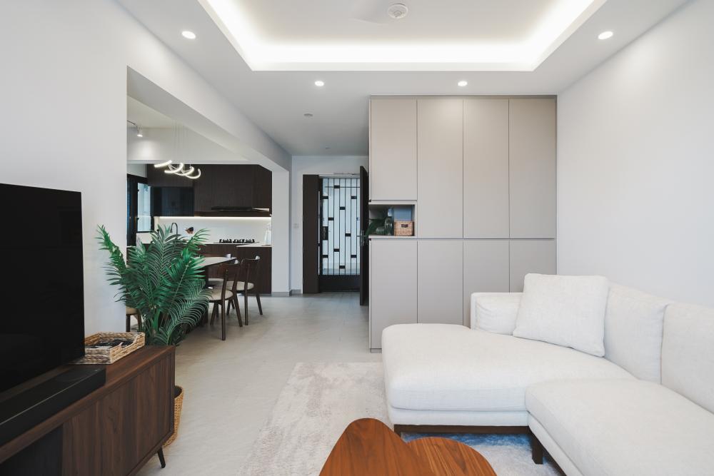 Scandinavian Living Room with TV Console and Feature Wall
