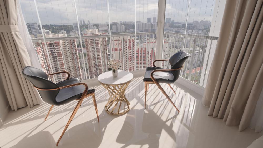 Scandinavian Balcony with Window Seat and Curtain