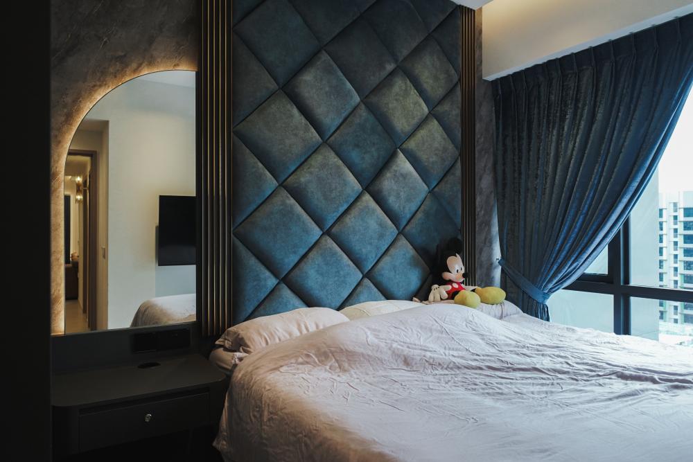 Modern Bedroom with Homogeneous Tiles and Built-in Bed