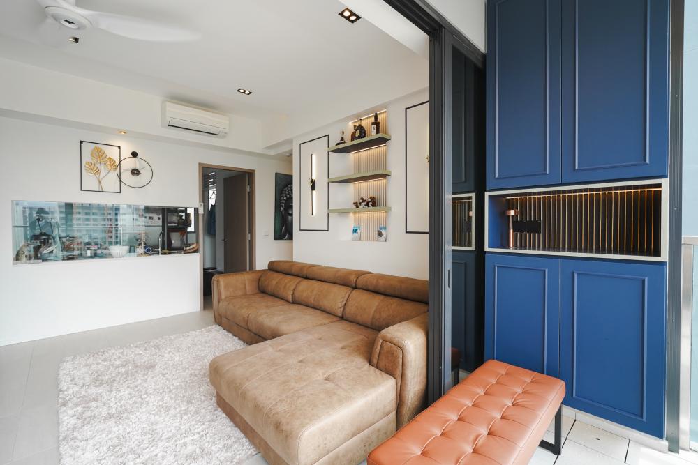 Modern Living Room with Bookshelf and Feature Wall