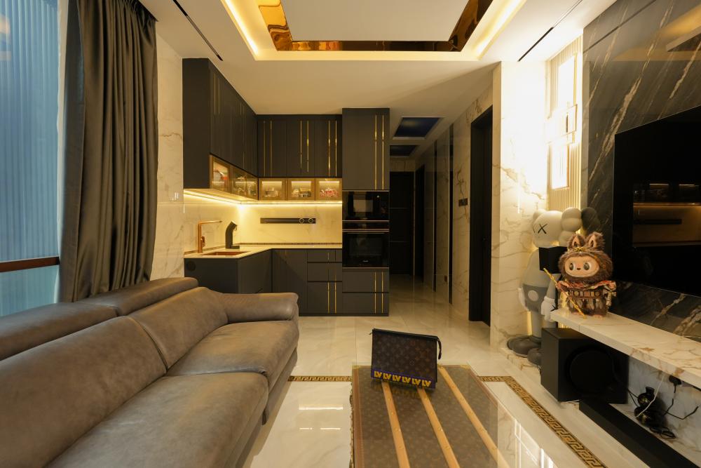 Modern Living Room with TV Console and Roller Blinds