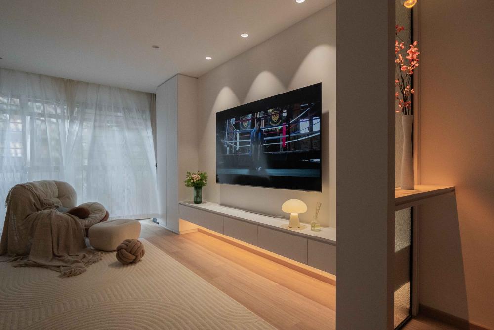 Minimalist Living Room with TV Console and Ceiling Light