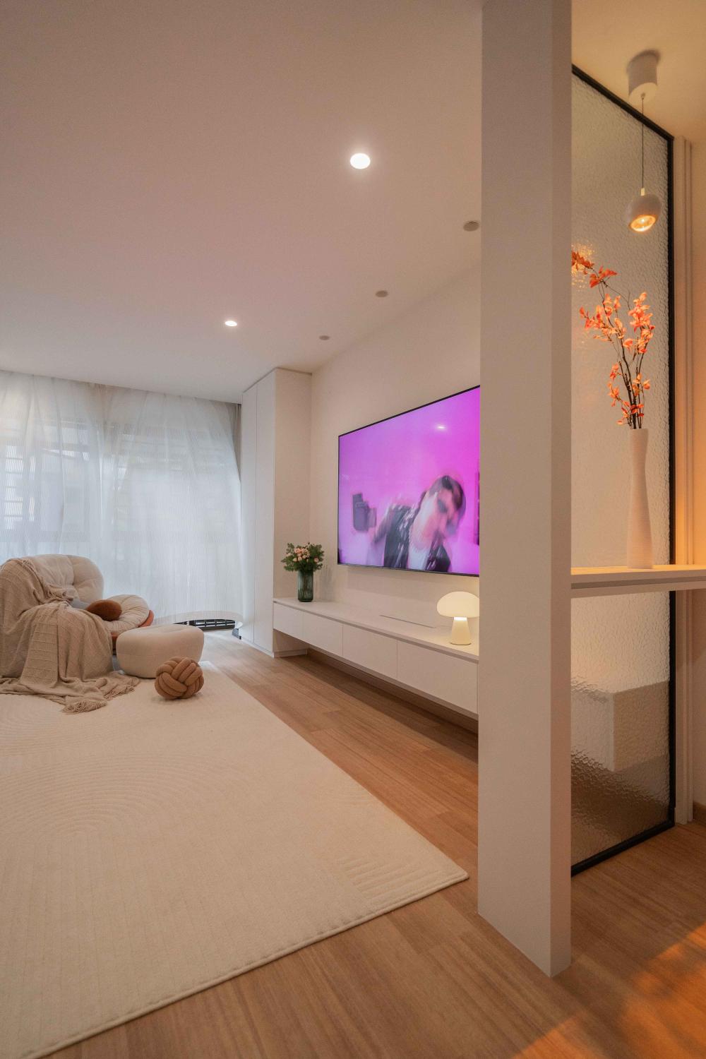 Minimalist Living Room with Vinyl Flooring and Display Cabinets