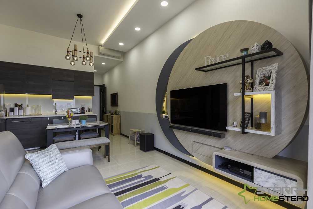Scandinavian Living Room with TV Console and Feature Wall