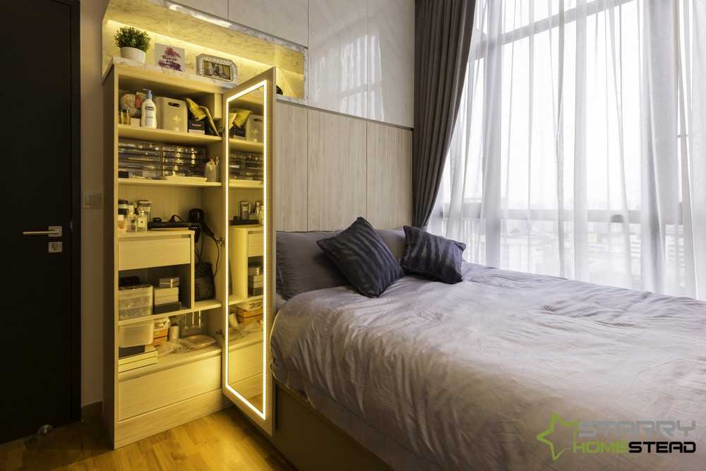 Scandinavian Bedroom with Storage Cabinets and Bed