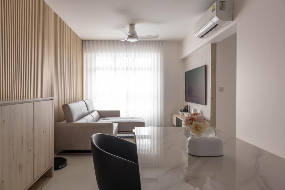Modern Living Room with Granite Floor and Mirror
