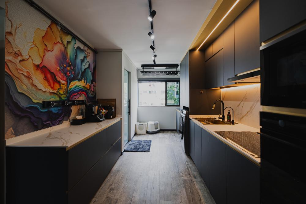 Eclectic Kitchen with Herringbone Tiling and Marble Floor