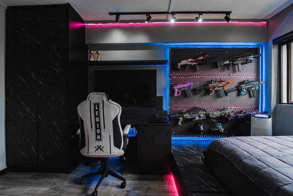 Eclectic Bedroom with Marble Floor and Wardrobe