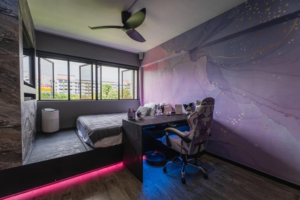 Eclectic Bedroom with Wood Flooring and Wardrobe