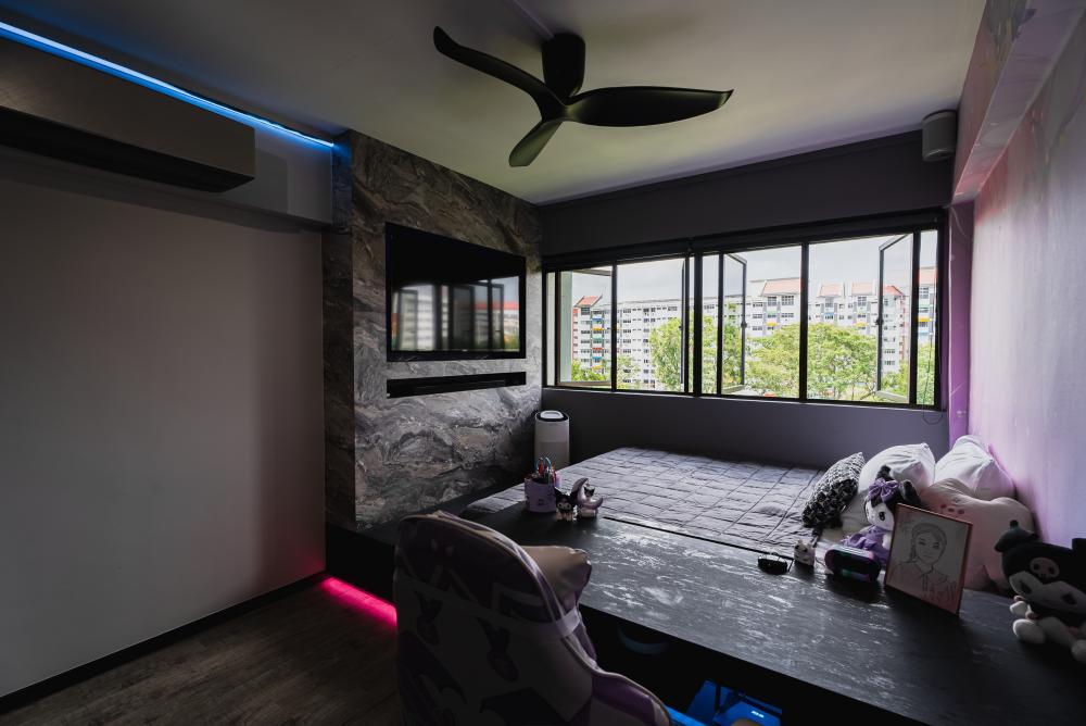 Eclectic Bedroom with Marble Floor and Roller Blinds