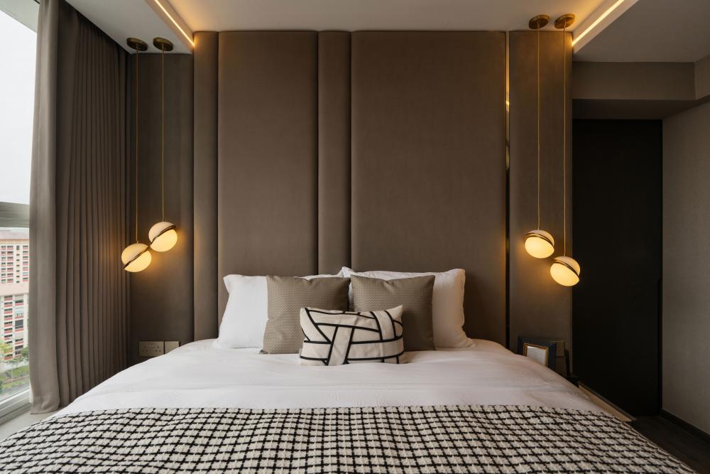 Modern Bedroom with Bay Window and Bedside Table