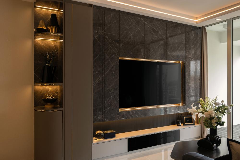 Modern Living Room with Marble Floor and Feature Wall