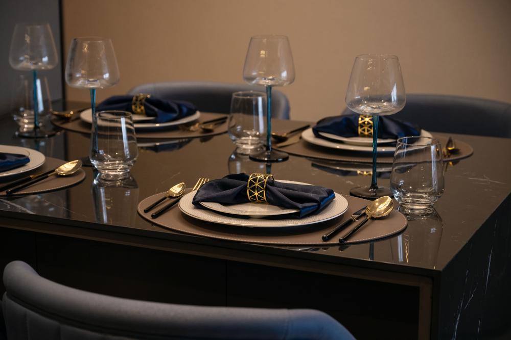 Modern Dining Room with Dining Table and Tableware