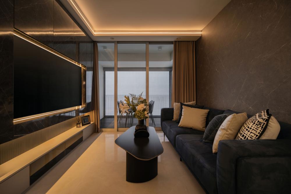 Modern Living Room with Marble Floor and Bay Window