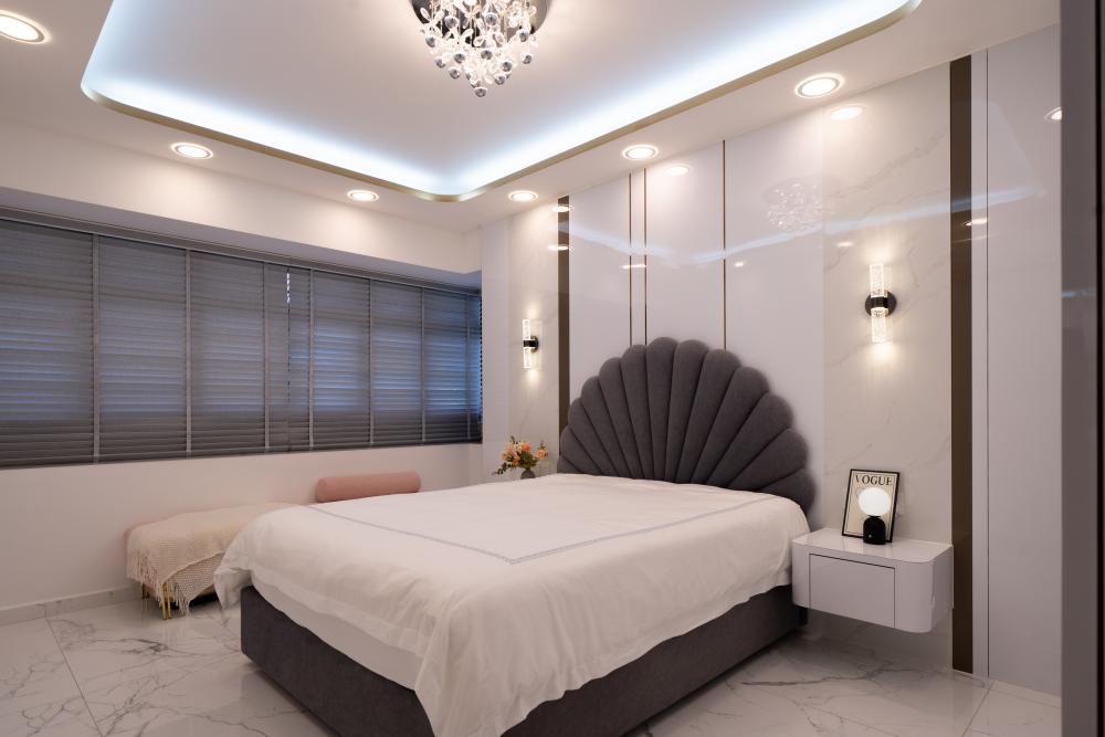 Modern Bedroom with Homogeneous Tiles and Bedside Table