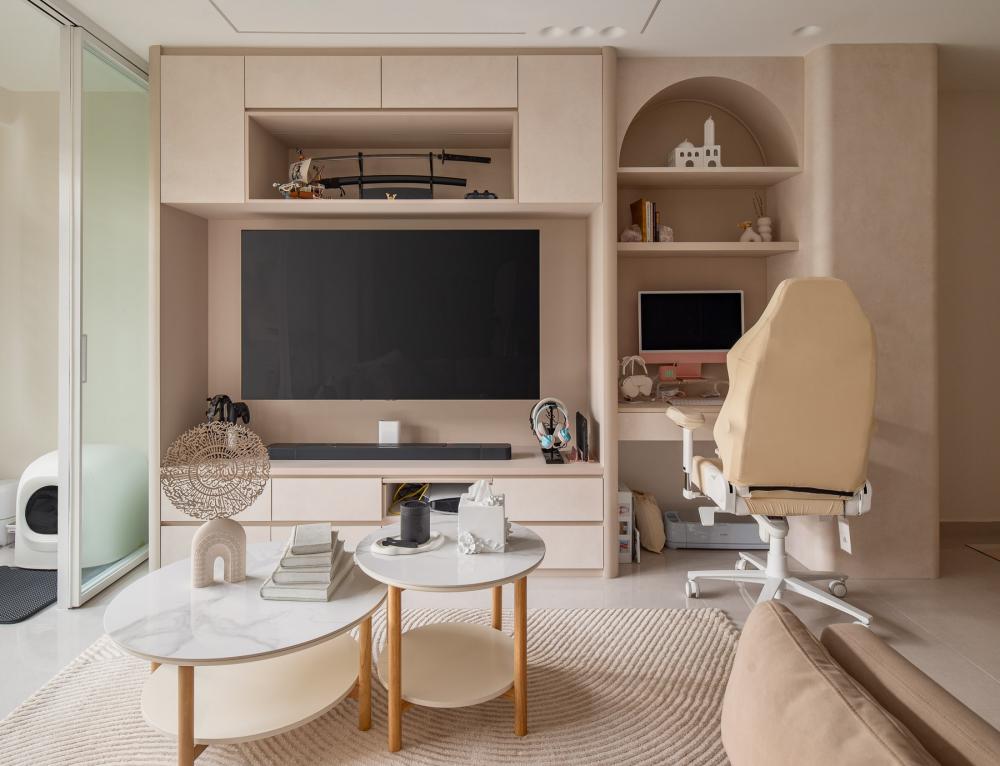 Scandinavian Living Room with TV Console and Feature Wall