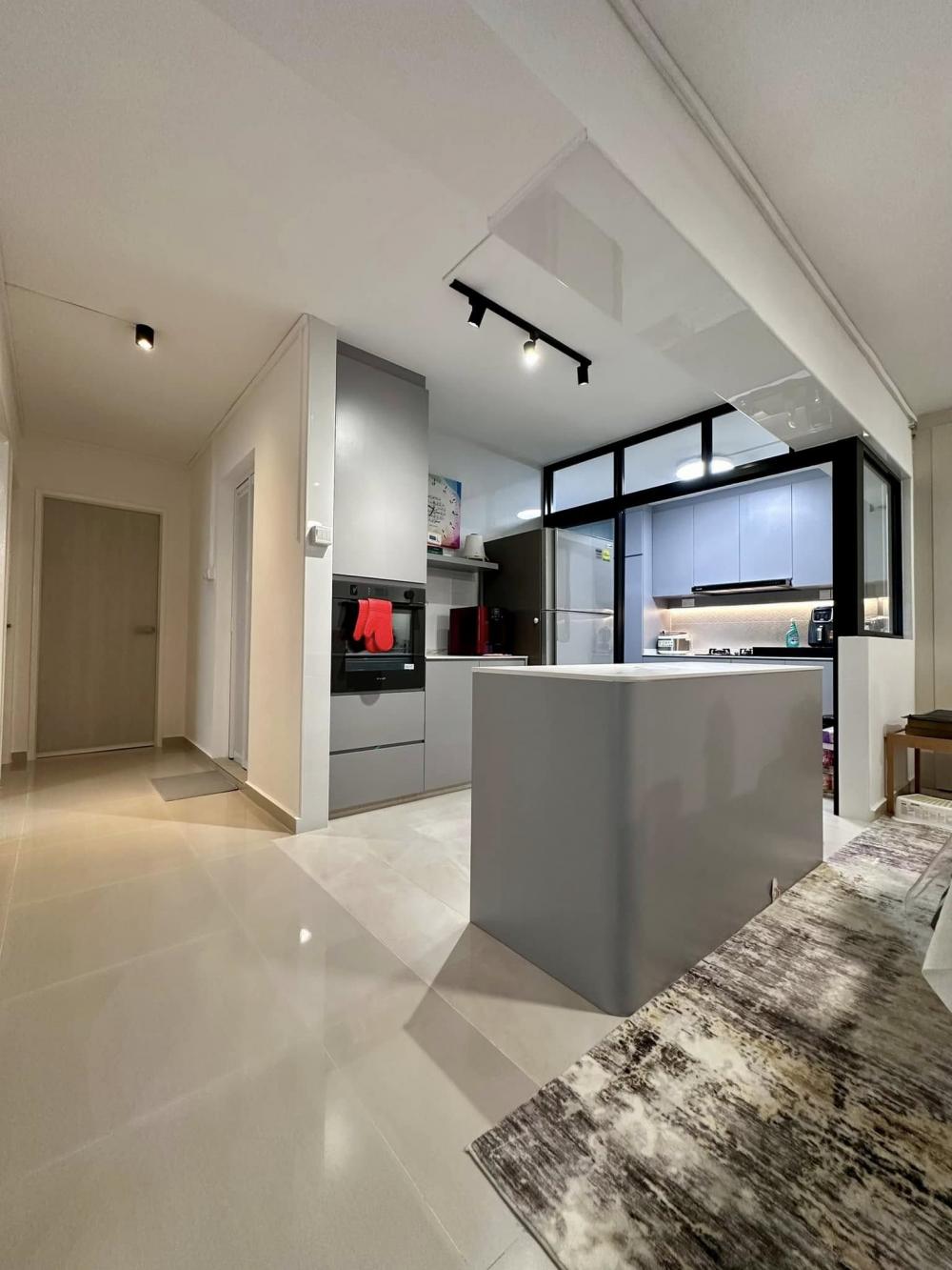 Contemporary Living Room with Lighting and Doors