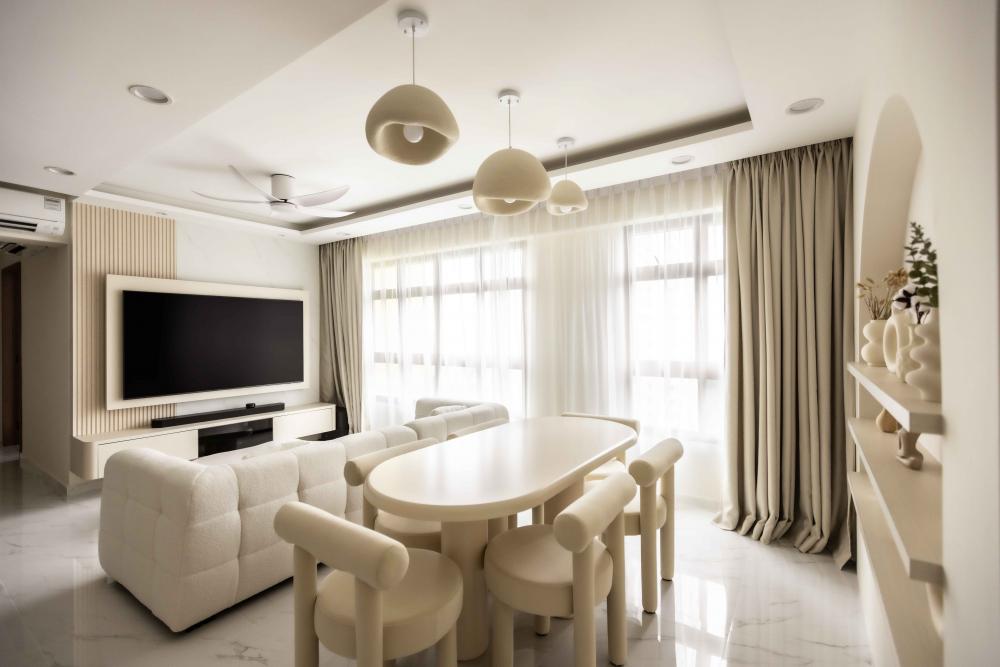 Contemporary Dining Room with Drop Light and Cove Lighting