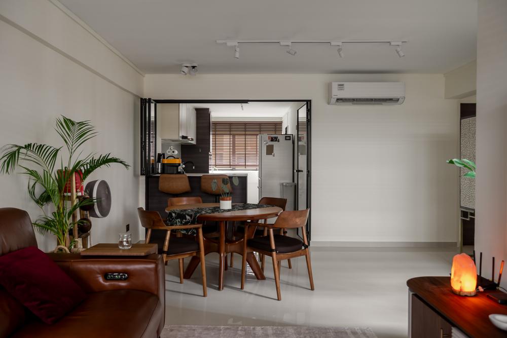 Modern Living Room with Homogeneous Tiles and TV Console