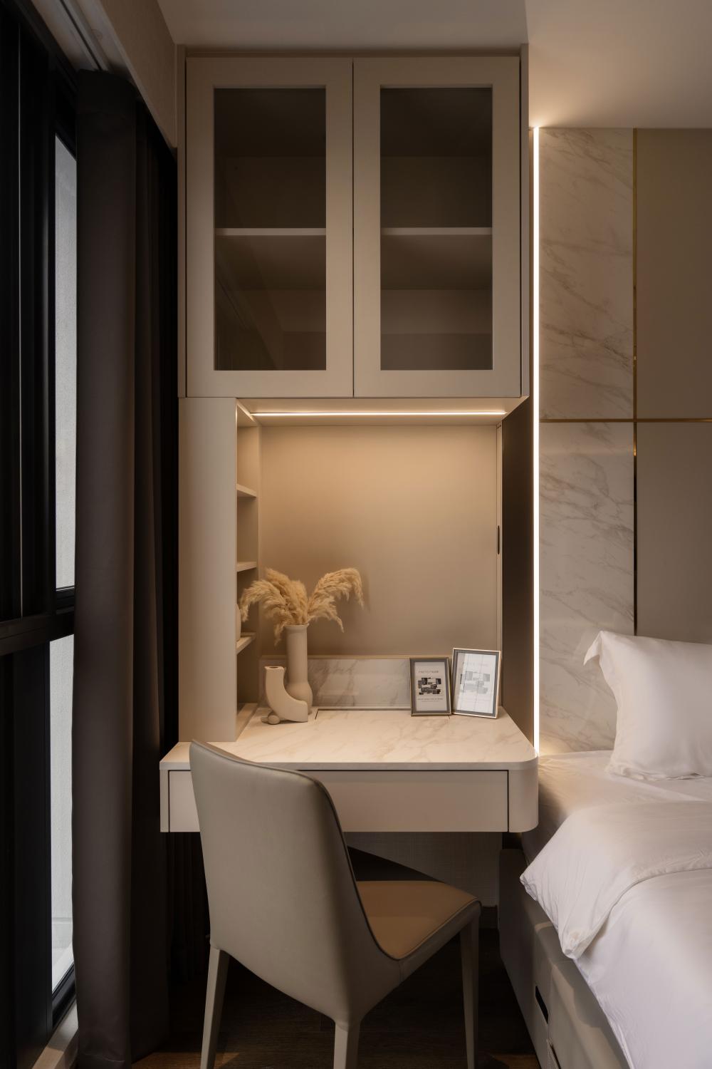 Modern Bedroom with Bookshelf and Bay Window