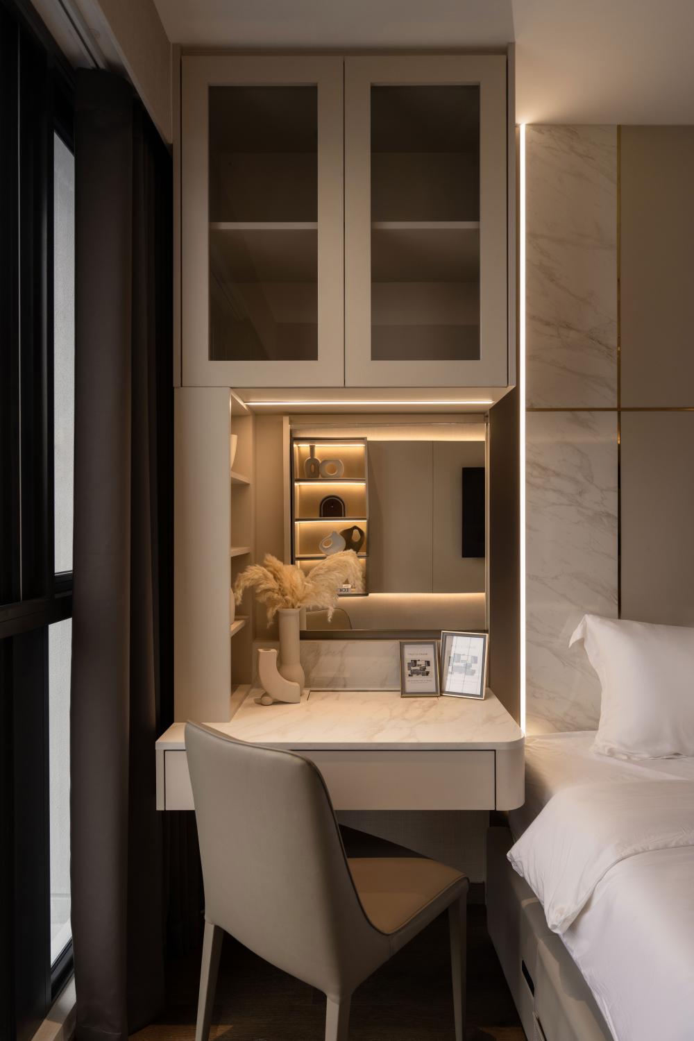 Modern Bedroom with Bookshelf and Bay Window