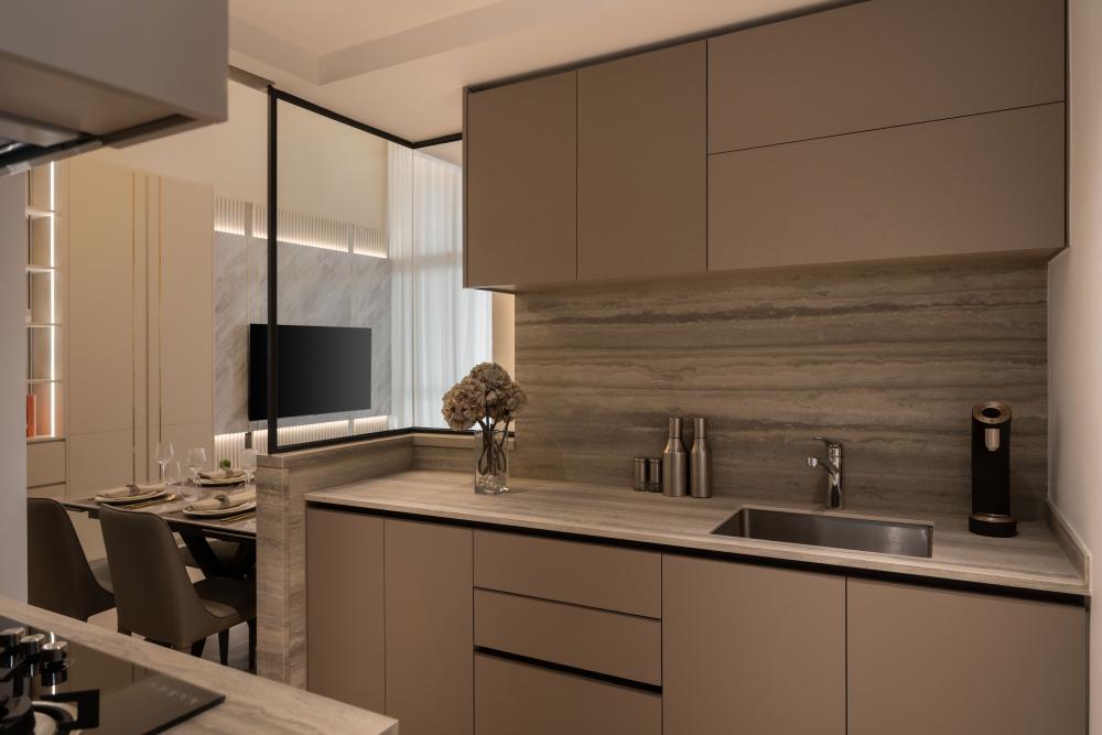 Modern Pantry with Kitchen Island and Tableware