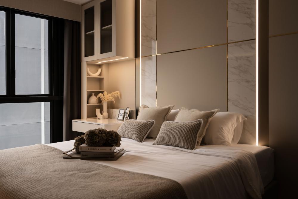 Modern Bedroom with Bookshelf and Marble Floor