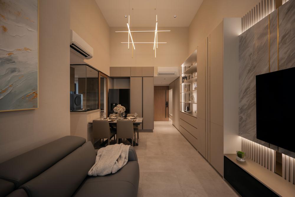 Modern Living Room with Marble Floor and Feature Wall