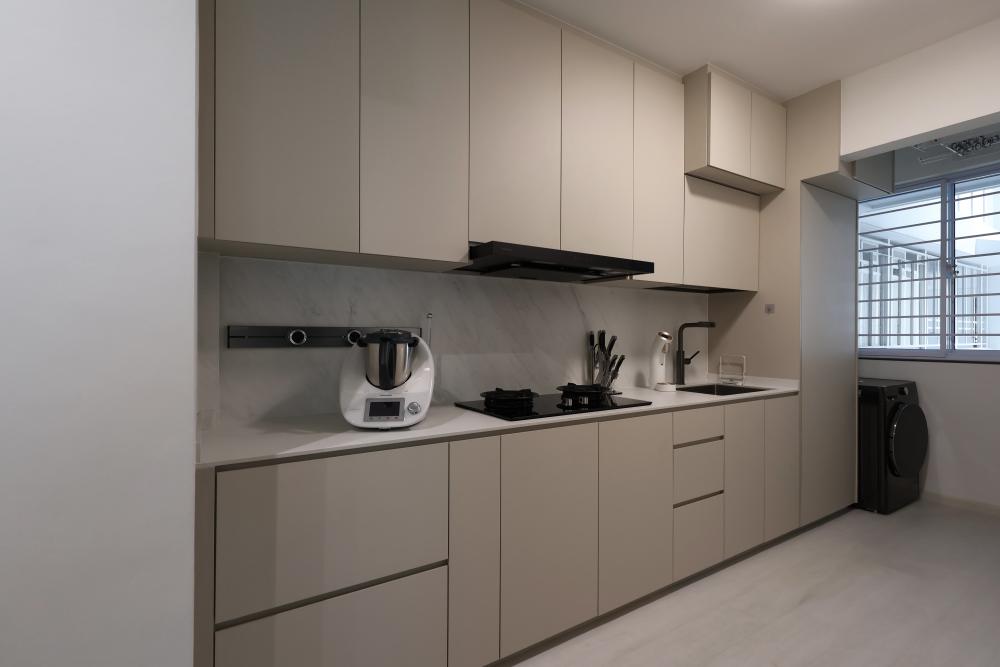 Minimalist Kitchen with Kitchen Window and Cupboard