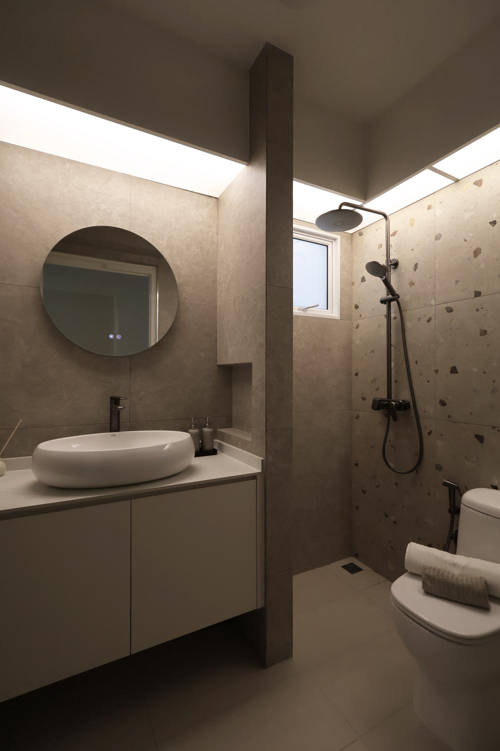 Minimalist Bathroom with Shower Screen and Bathroom Storage