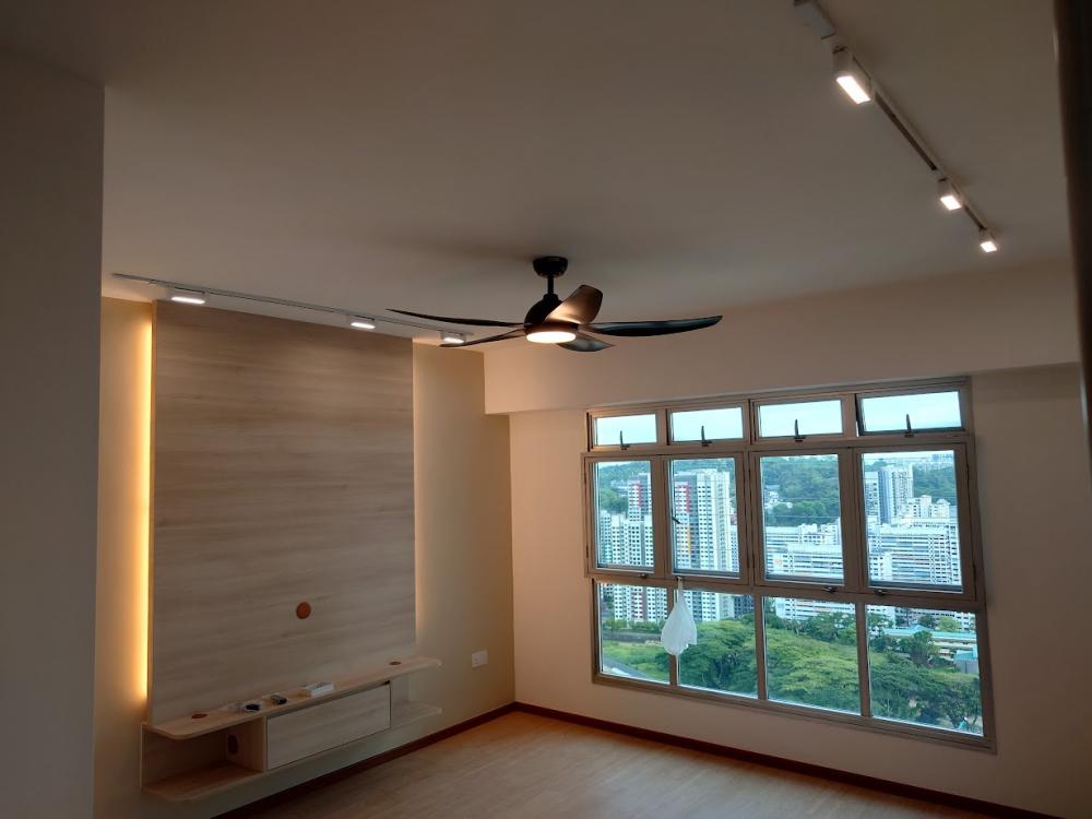Scandinavian Living Room with TV Console and Feature Wall