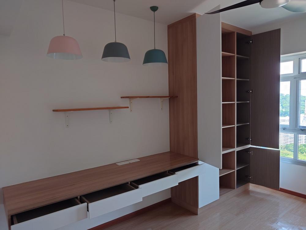 Scandinavian Home Office with Bookshelf and Storage Cabinets