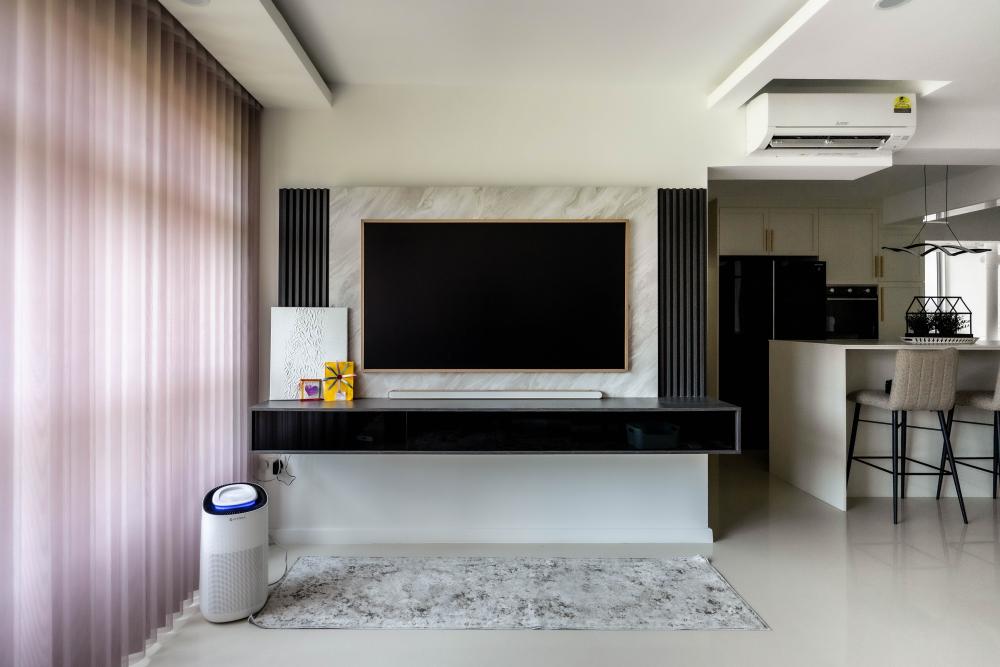 Asian Living Room with Homogeneous Tiles and TV Console