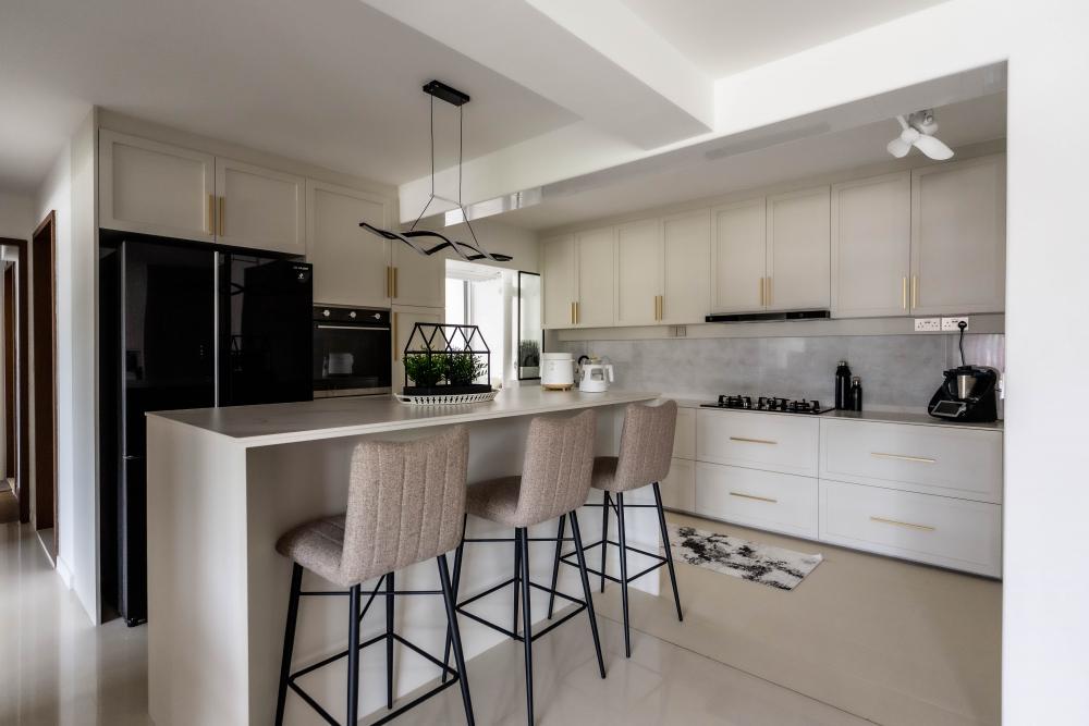Asian Kitchen with Homogeneous Tiles and Kitchen Window