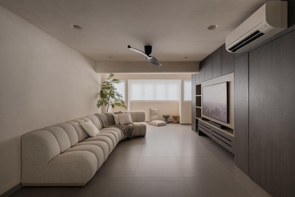 Contemporary Living Room with Homogeneous Tiles and TV Console