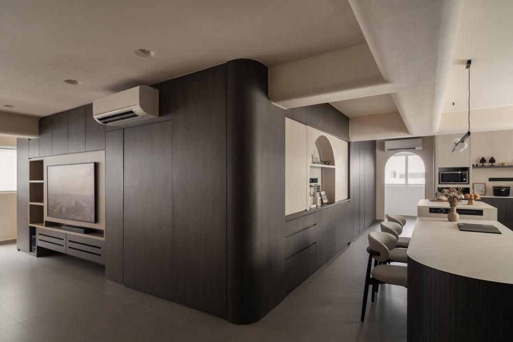 Contemporary Kitchen with Feature Wall and Kitchen Island