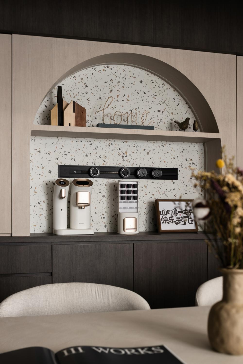 Contemporary Kitchen with Feature Wall and Storage Cabinets