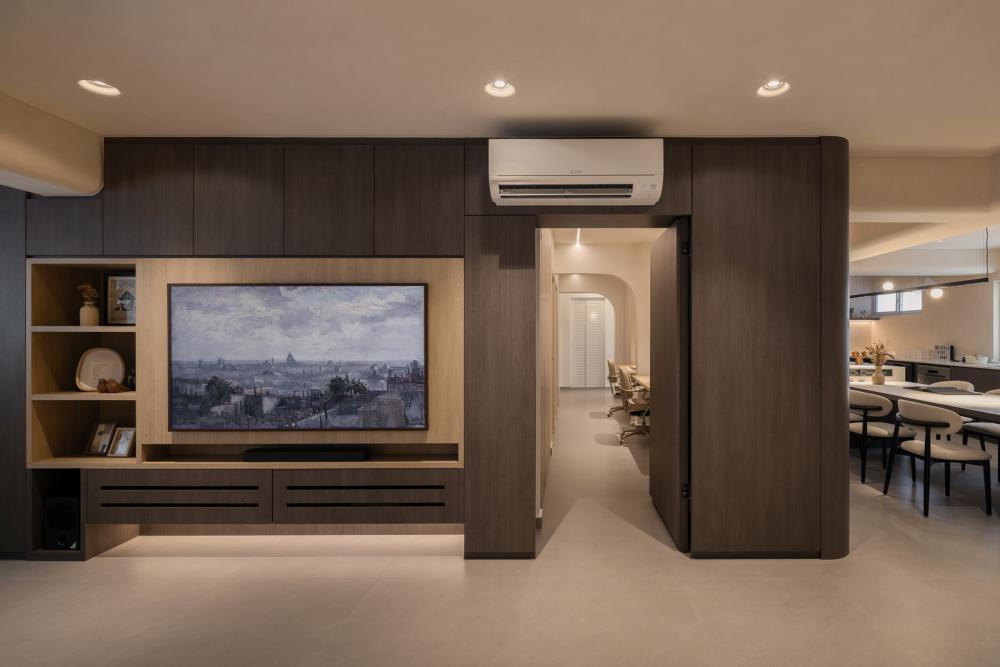 Contemporary Living Room with Homogeneous Tiles and TV Console