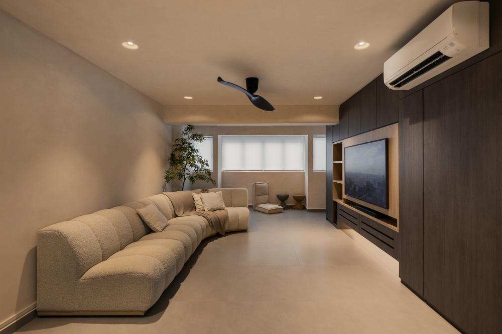 Contemporary Living Room with Homogeneous Tiles and TV Console