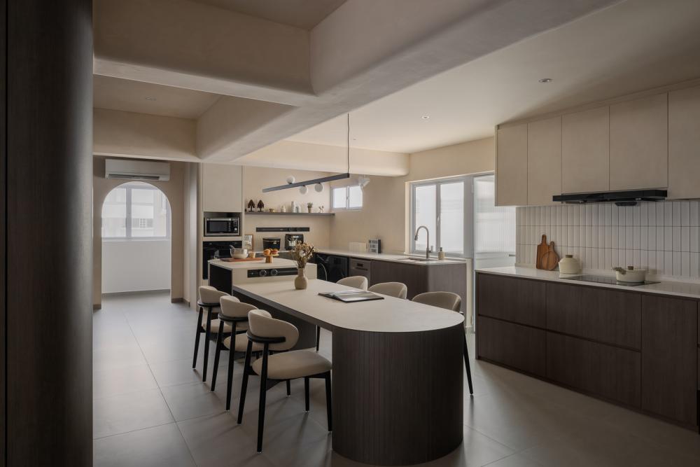 Contemporary Kitchen with Homogeneous Tiles and Drop Light