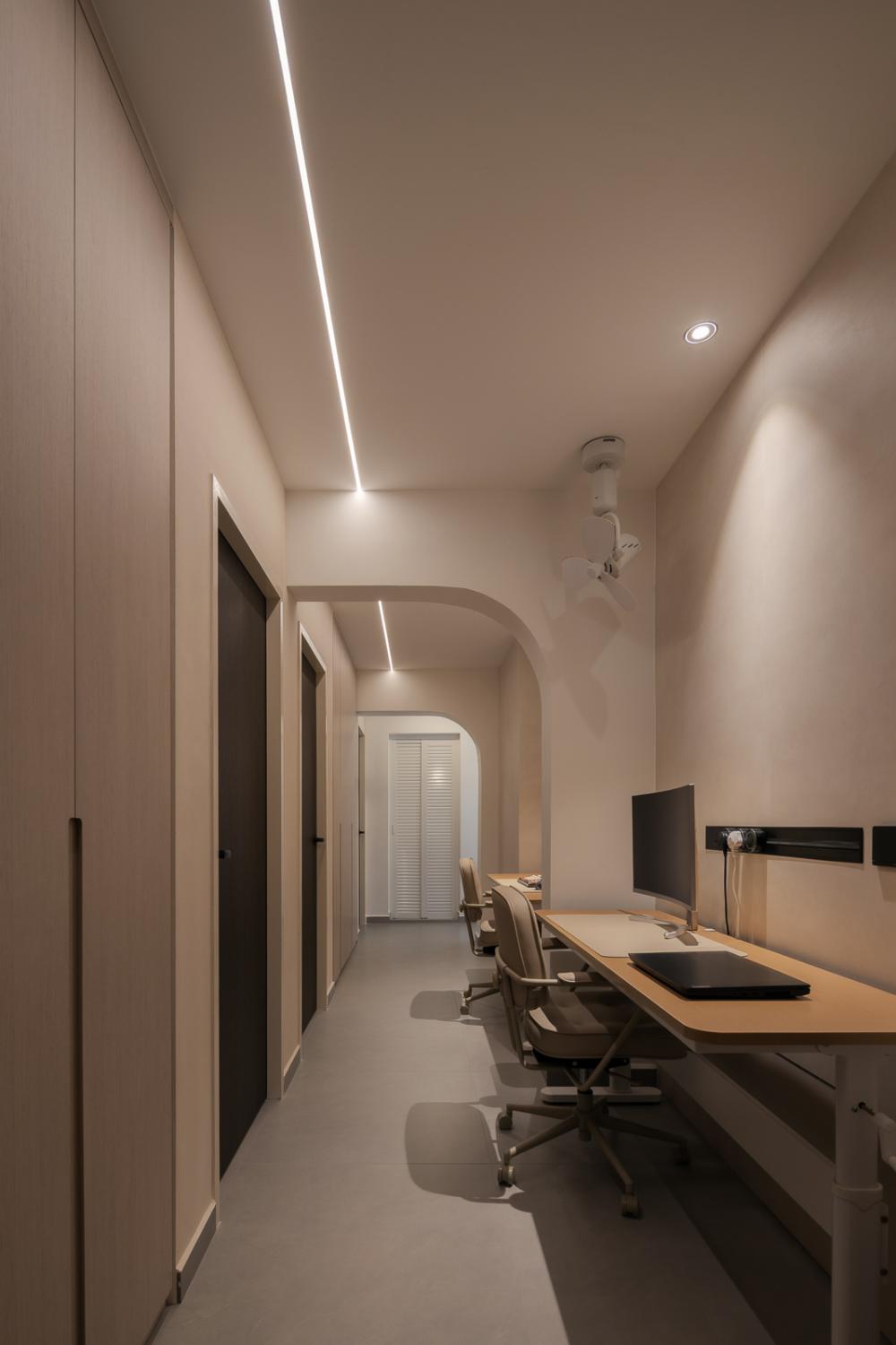 Contemporary Hallway with Storage Cabinets and Computer