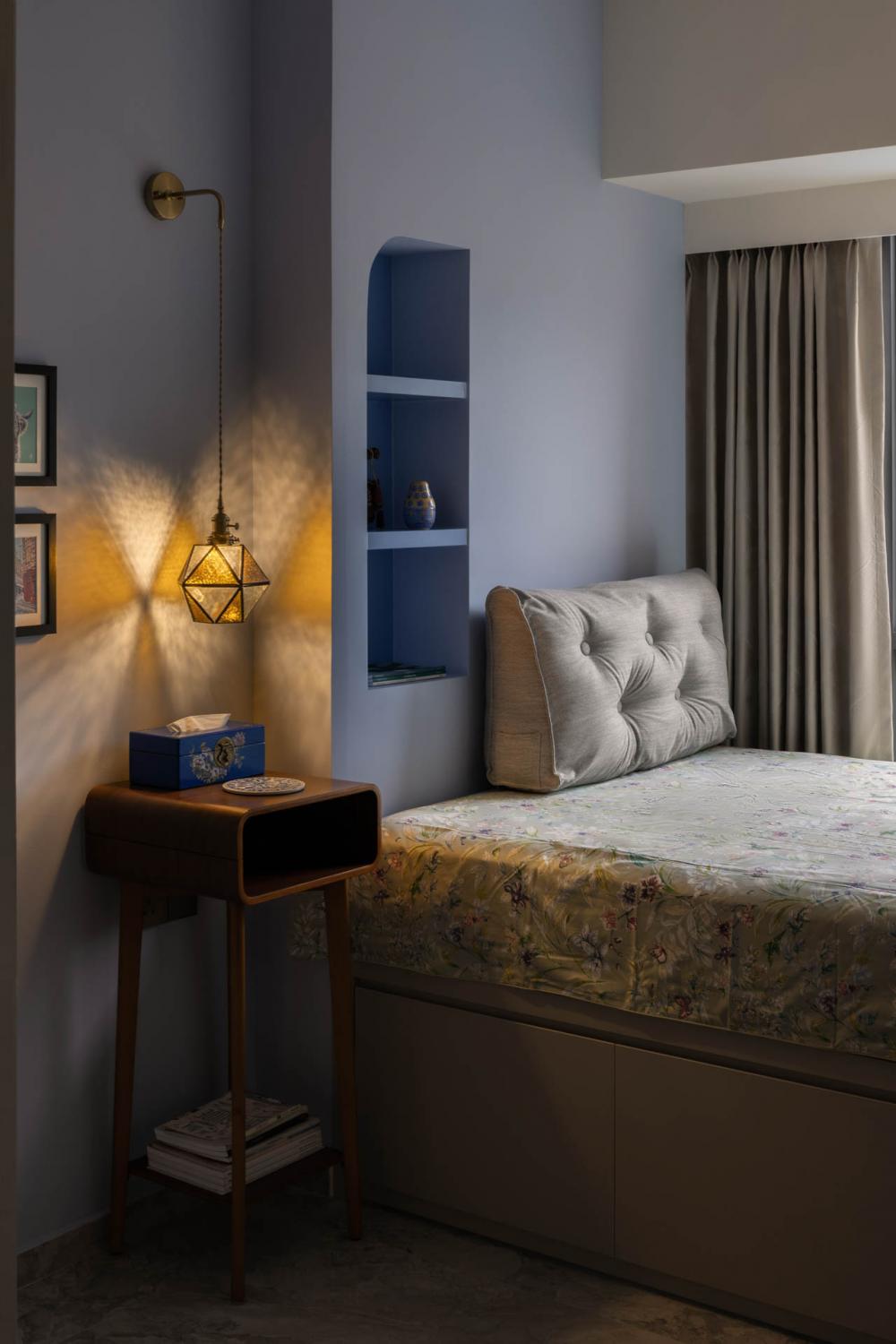 Eclectic Bedroom with Platform Bed and Bay Window